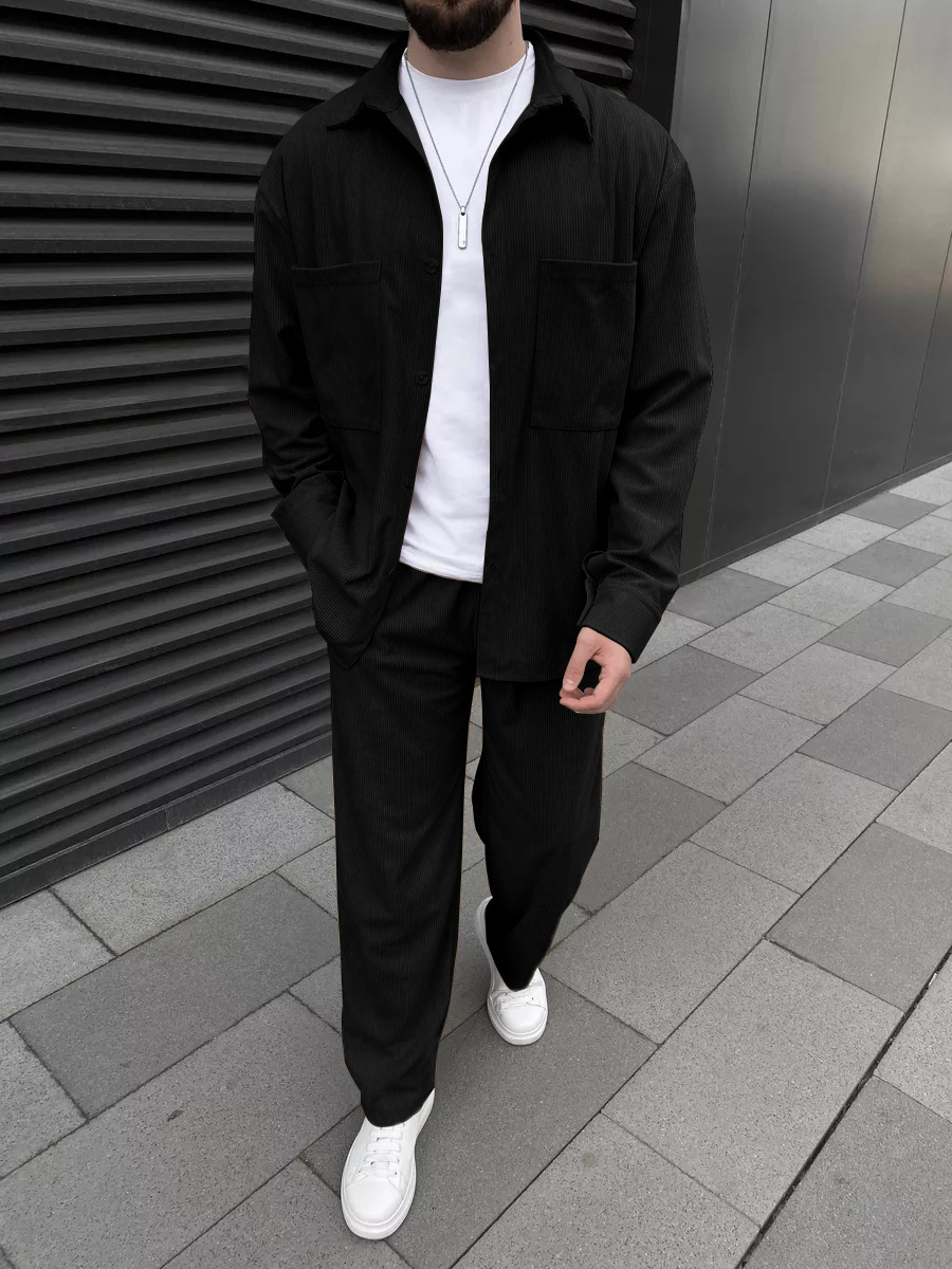 Street Fashion For Man - Men's corduroy two-piece outfit: long-sleeved button-down