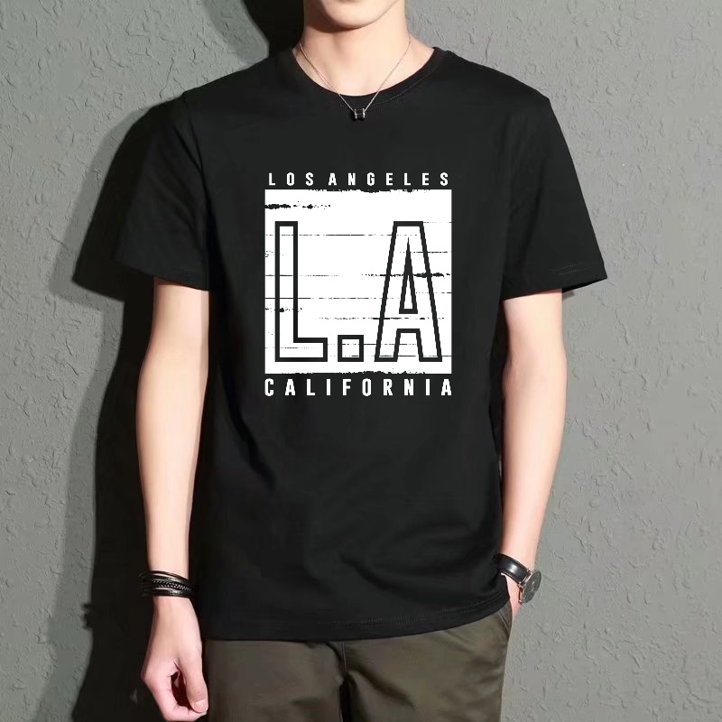 Street Fashion Los Angeles - Men's Black Round-Neck Short-Sleeved T-Shirt with