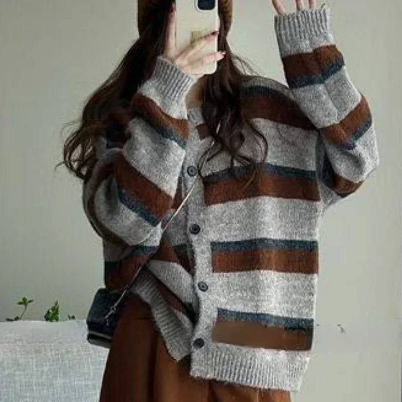 Striped Baggy Cardigan Women K – Street Fashion Korean Girl recenzja i cena