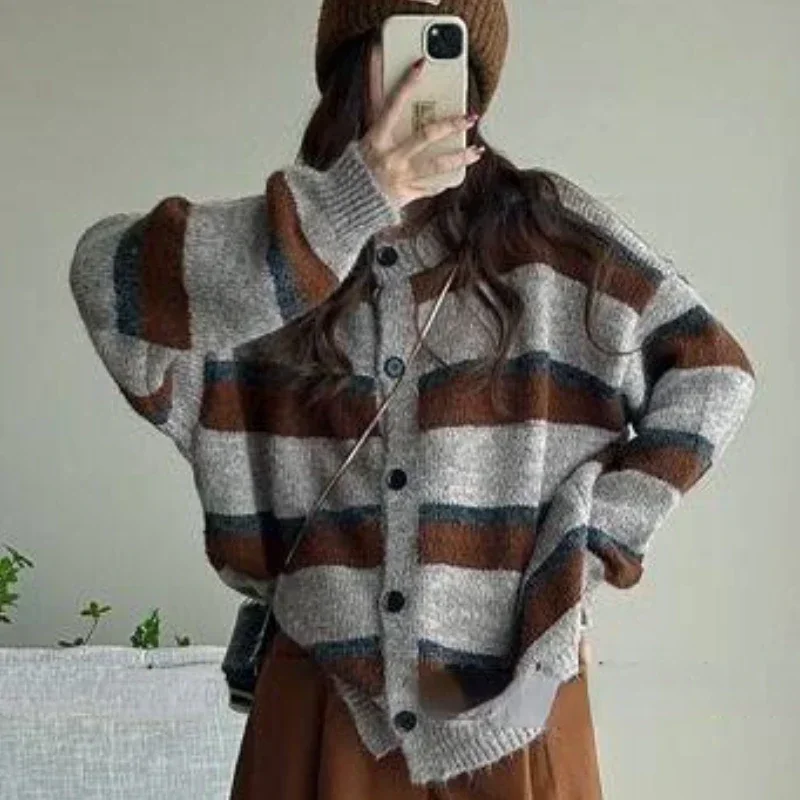 Striped Baggy Cardigan Women K – Street Fashion Korean Girl recenzja i cena
