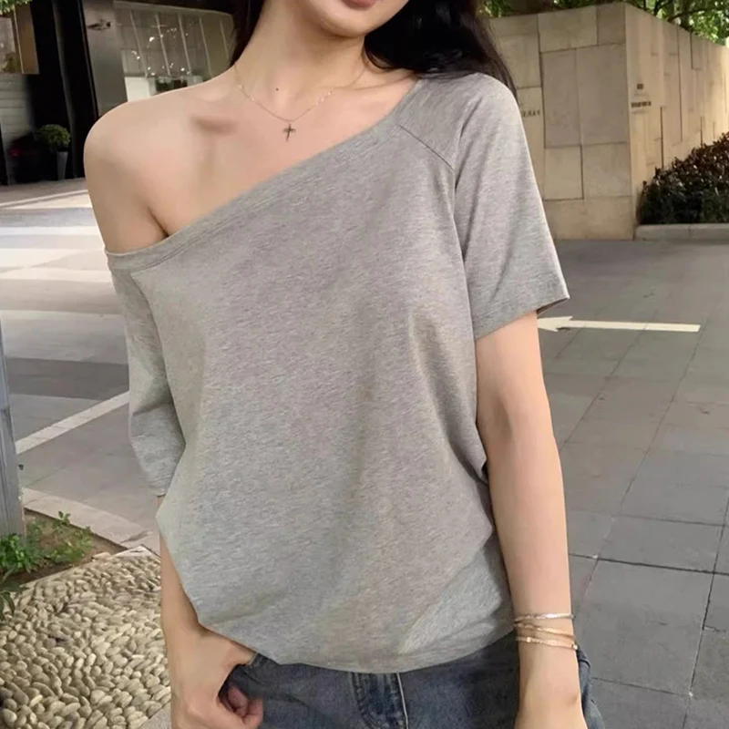 Summer Female T-shirts Off Sho – Street Fashion Korean Girl recenzja i cena